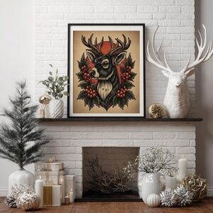 Vintage Woodland Tattoo Retro Wall Art Reindeer Print - Rustic Fall Wildlife